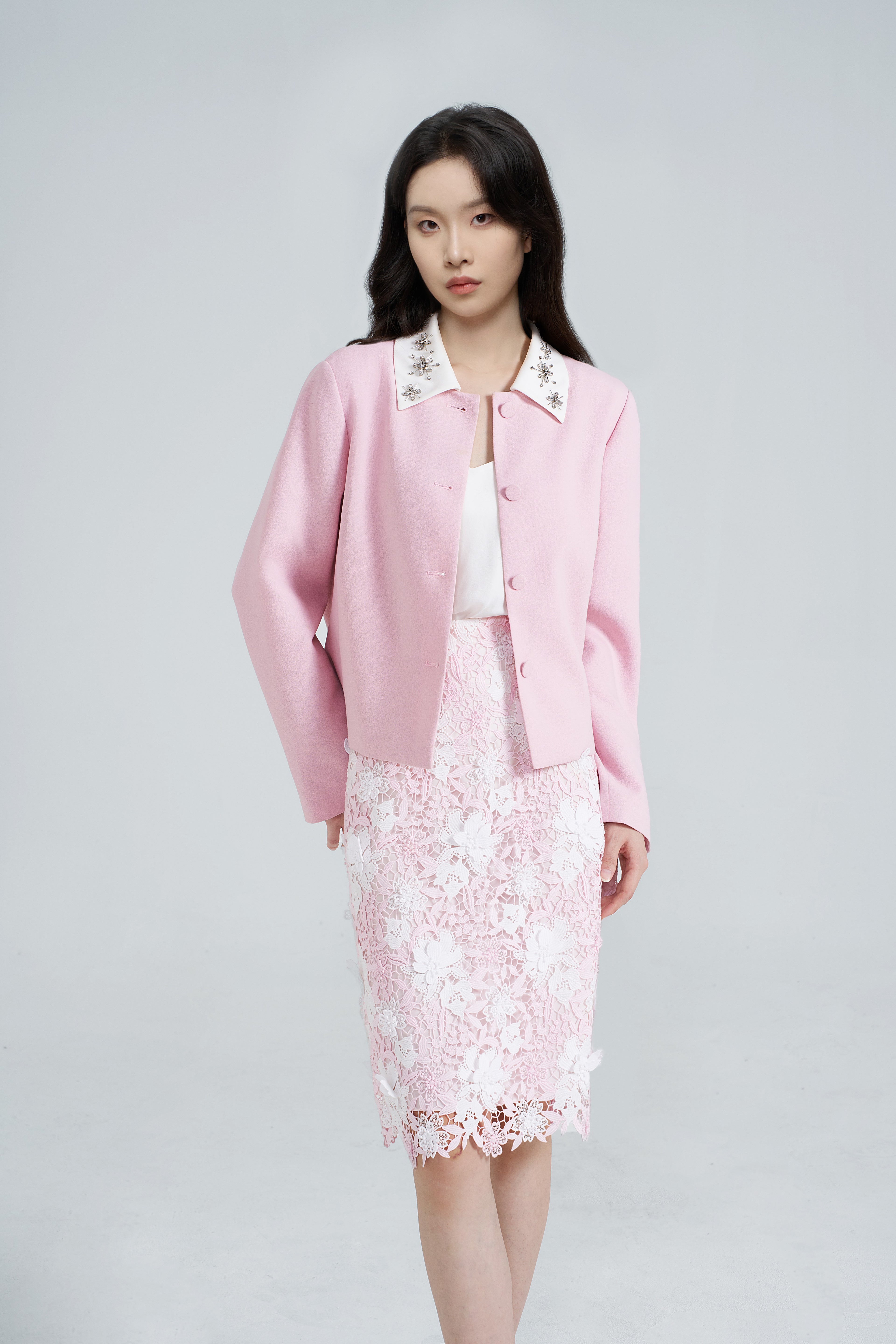 Exquisitely Tailored Bead-Embroidered Pink Coat