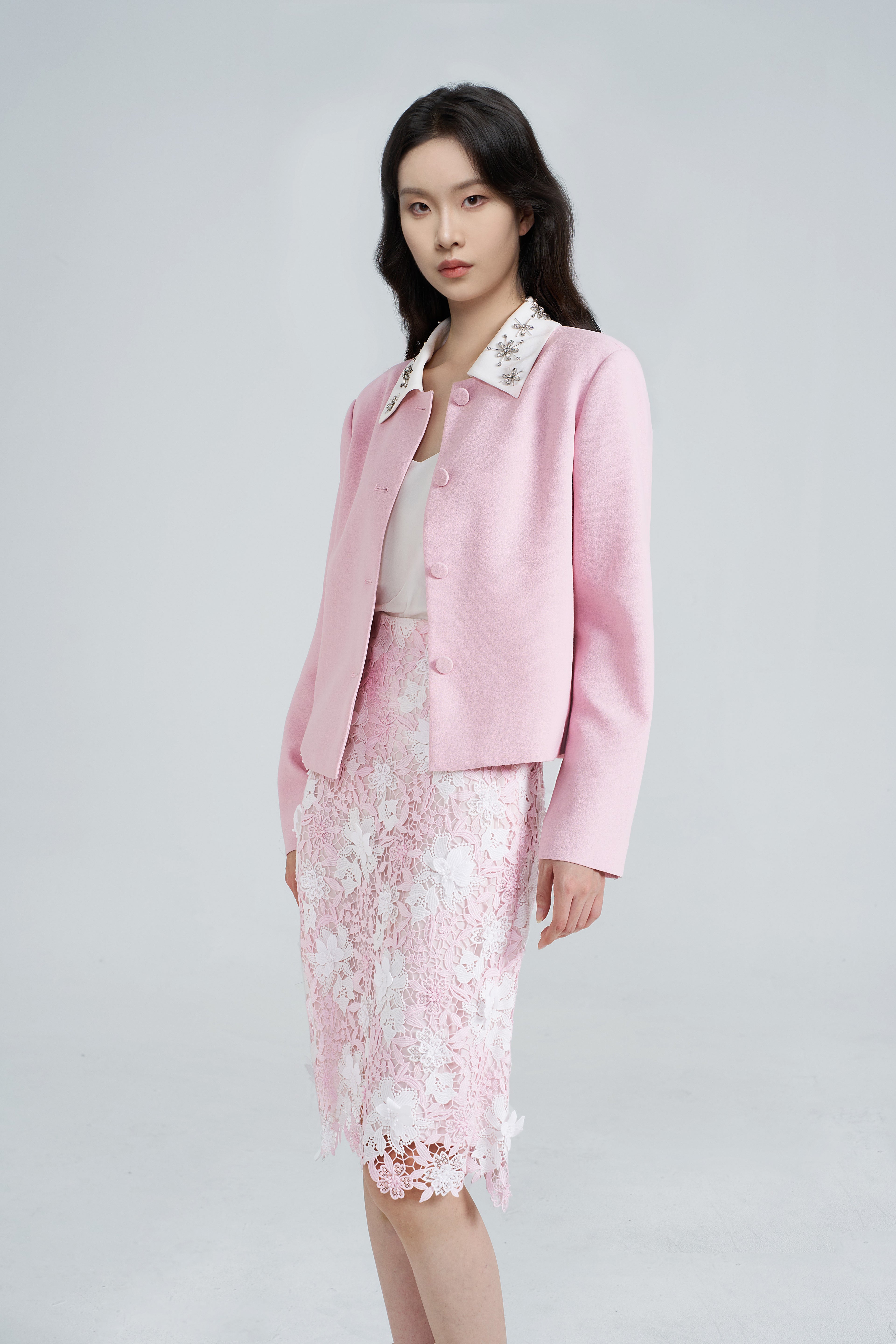 Exquisitely Tailored Bead-Embroidered Pink Coat