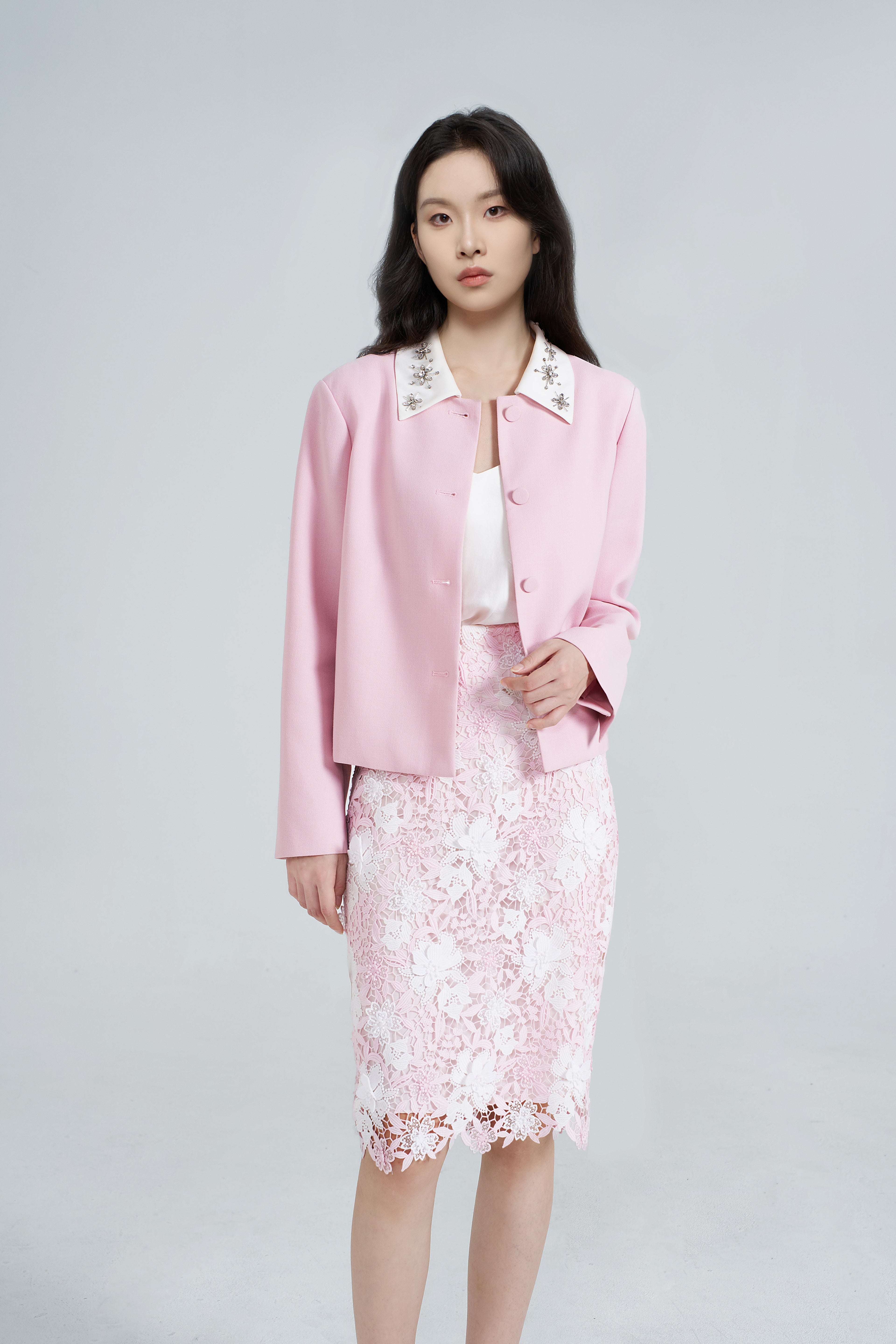 Exquisitely Tailored Bead-Embroidered Pink Coat