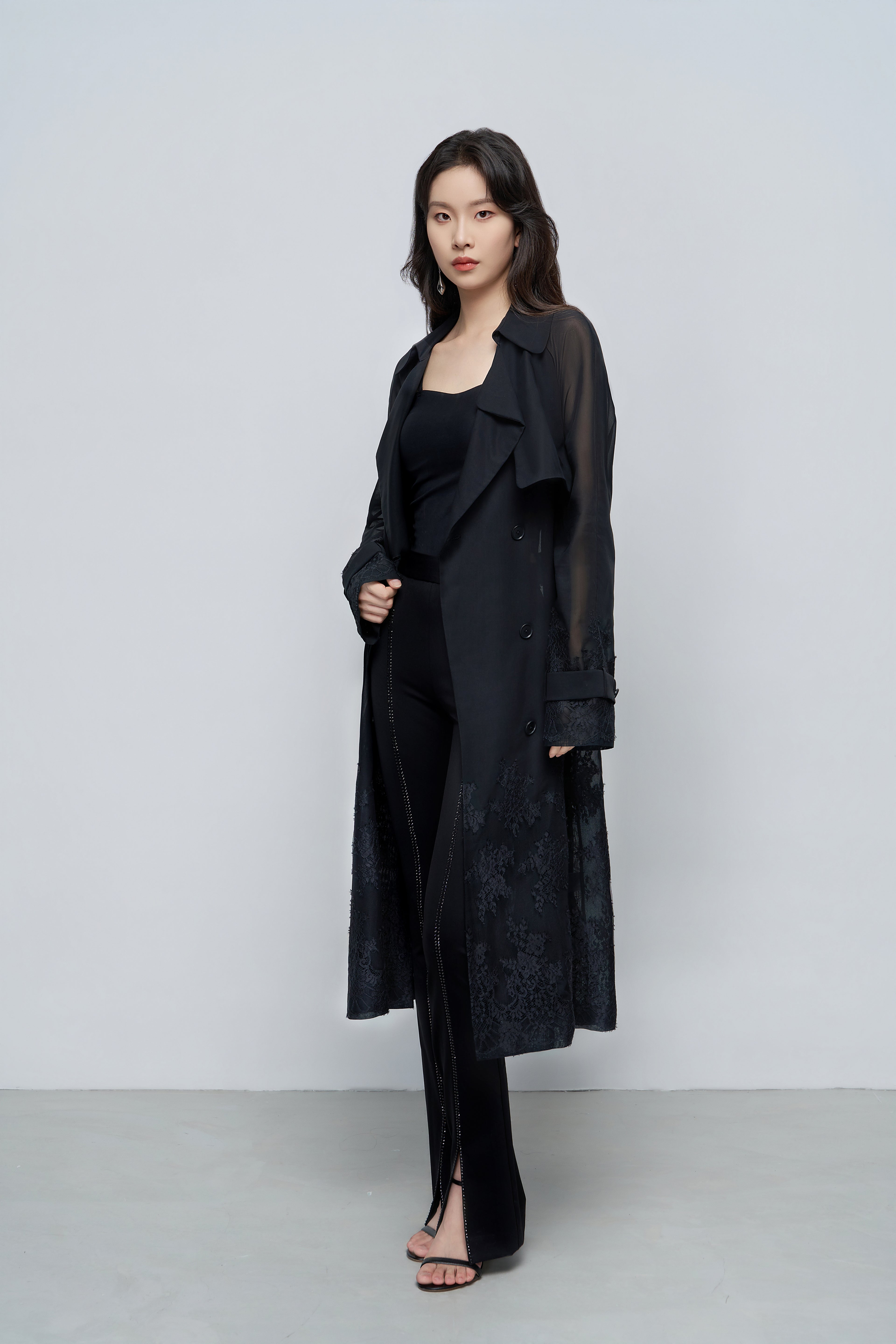 Sheer Lace-Embroidered Trench Coat