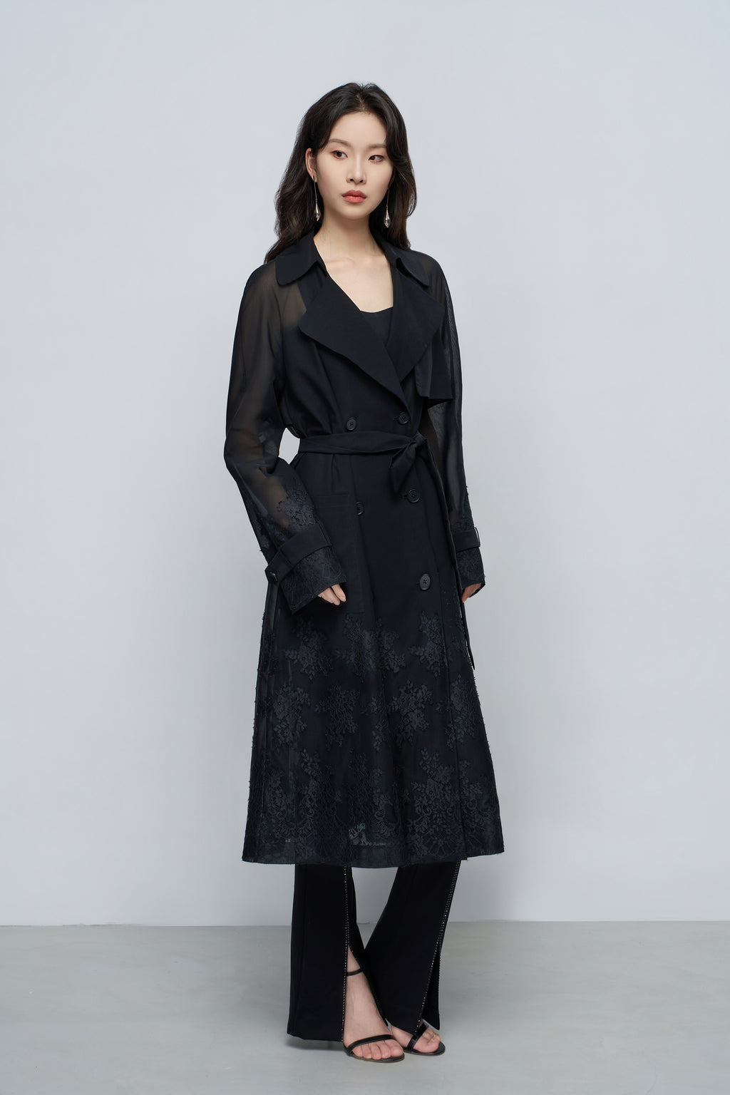 Sheer Lace-Embroidered Trench Coat
