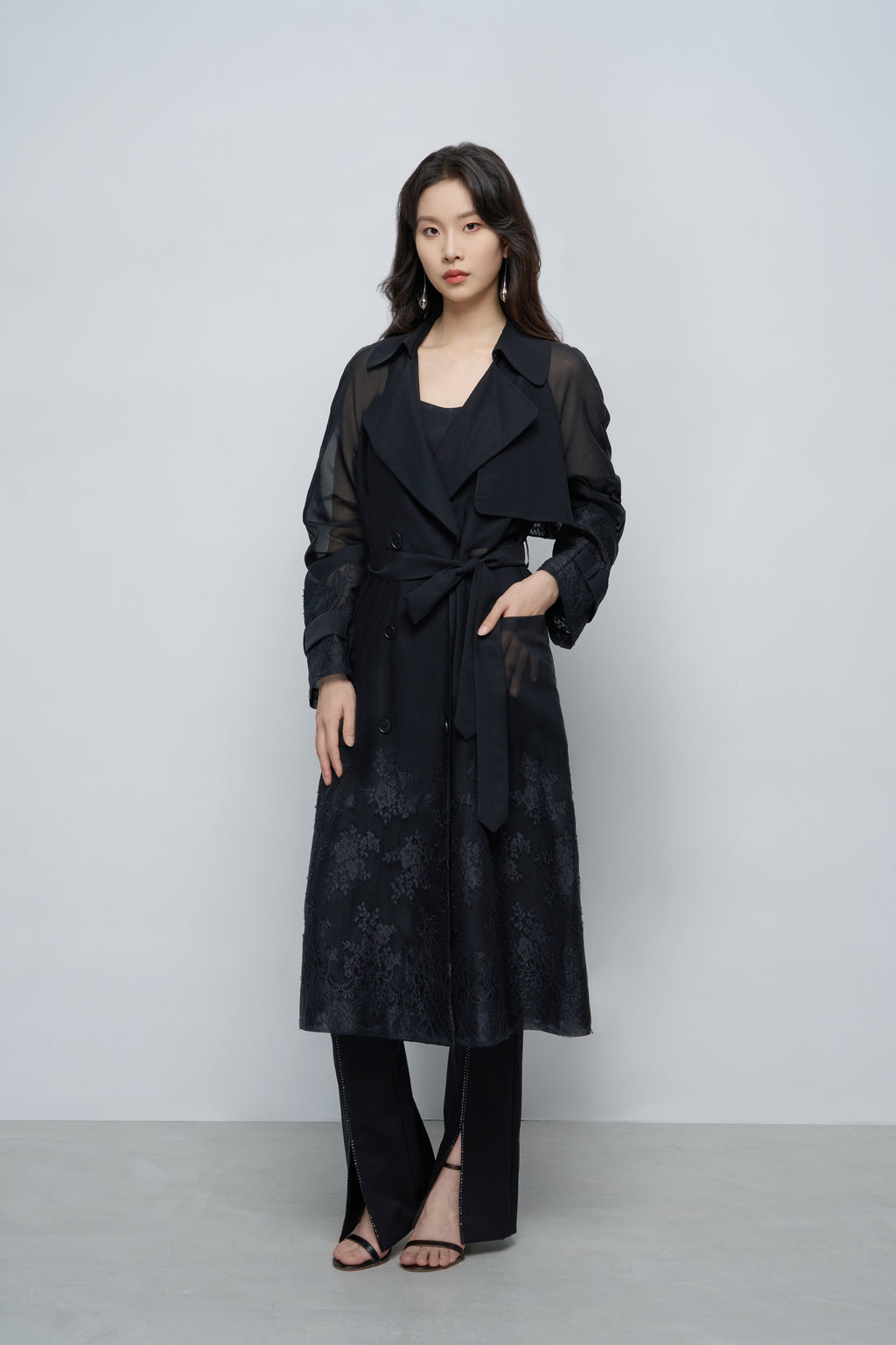 Sheer Lace-Embroidered Trench Coat