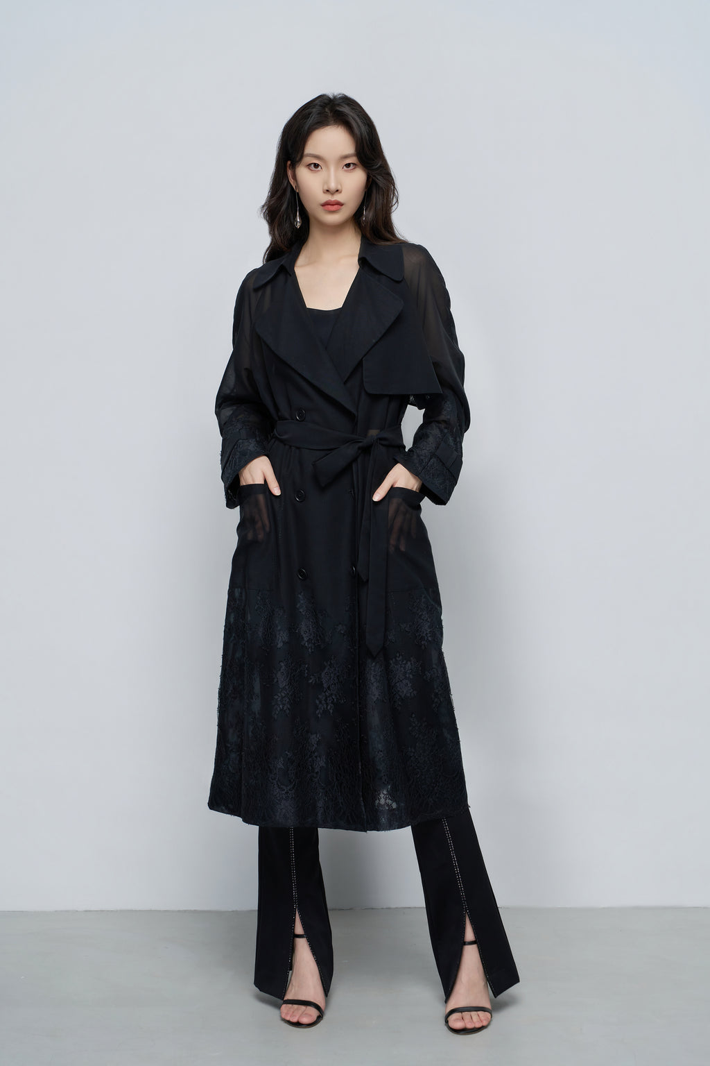 Sheer Lace-Embroidered Trench Coat