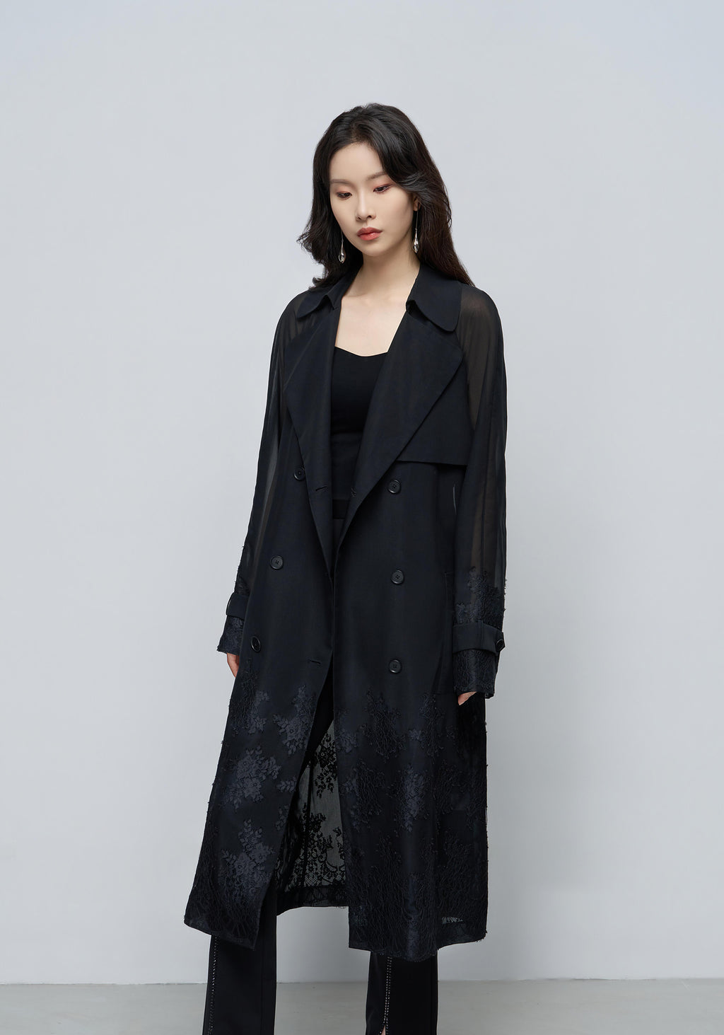 Sheer Lace-Embroidered Trench Coat