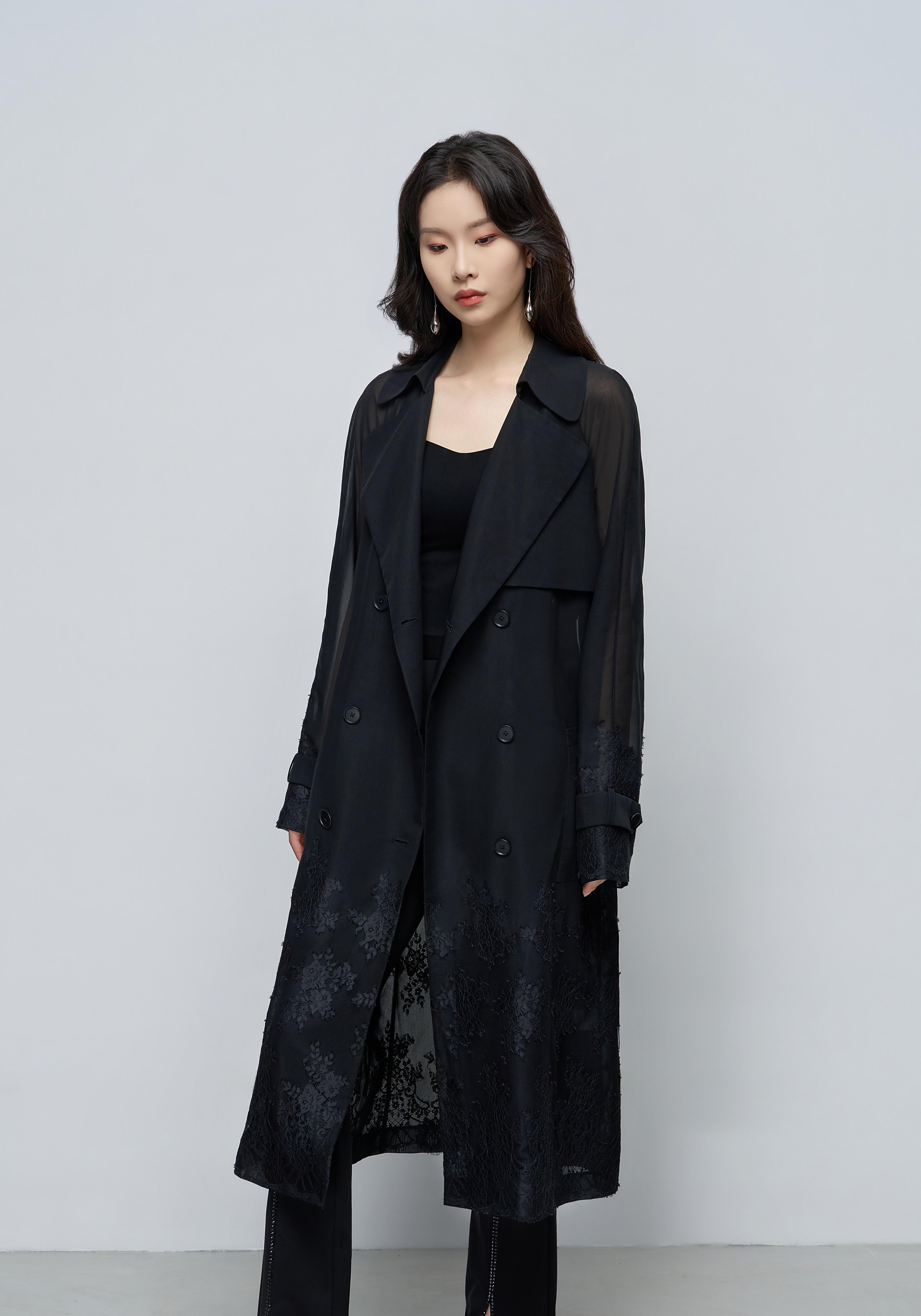 Sheer Lace-Embroidered Trench Coat