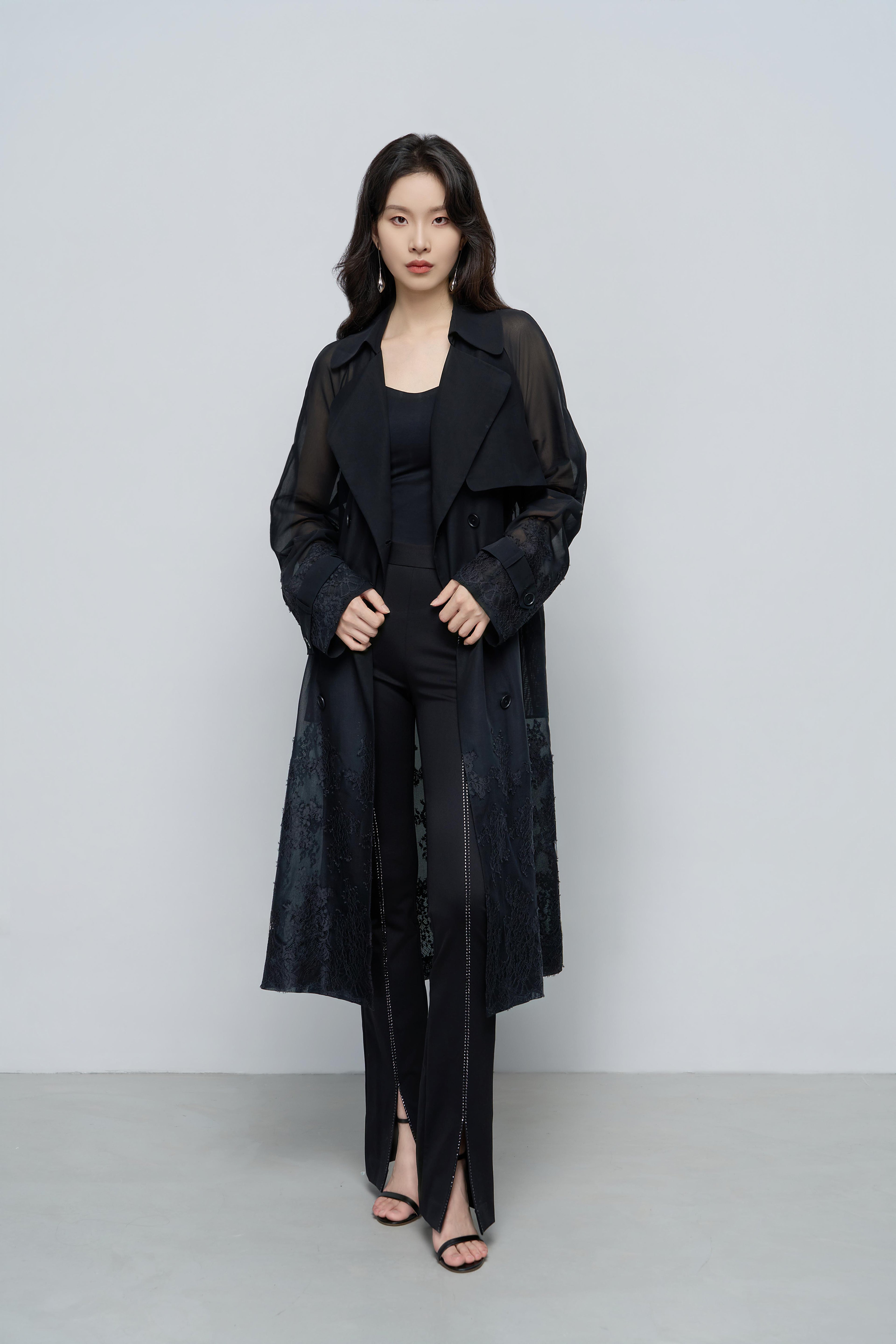 Sheer Lace-Embroidered Trench Coat
