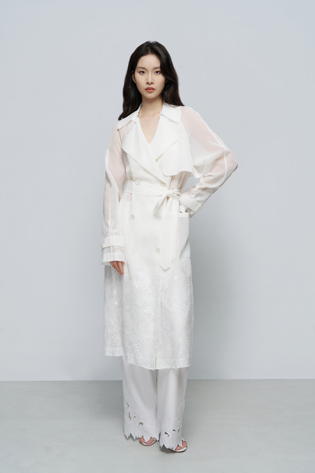 Sheer Lace-Embroidered Trench Coat