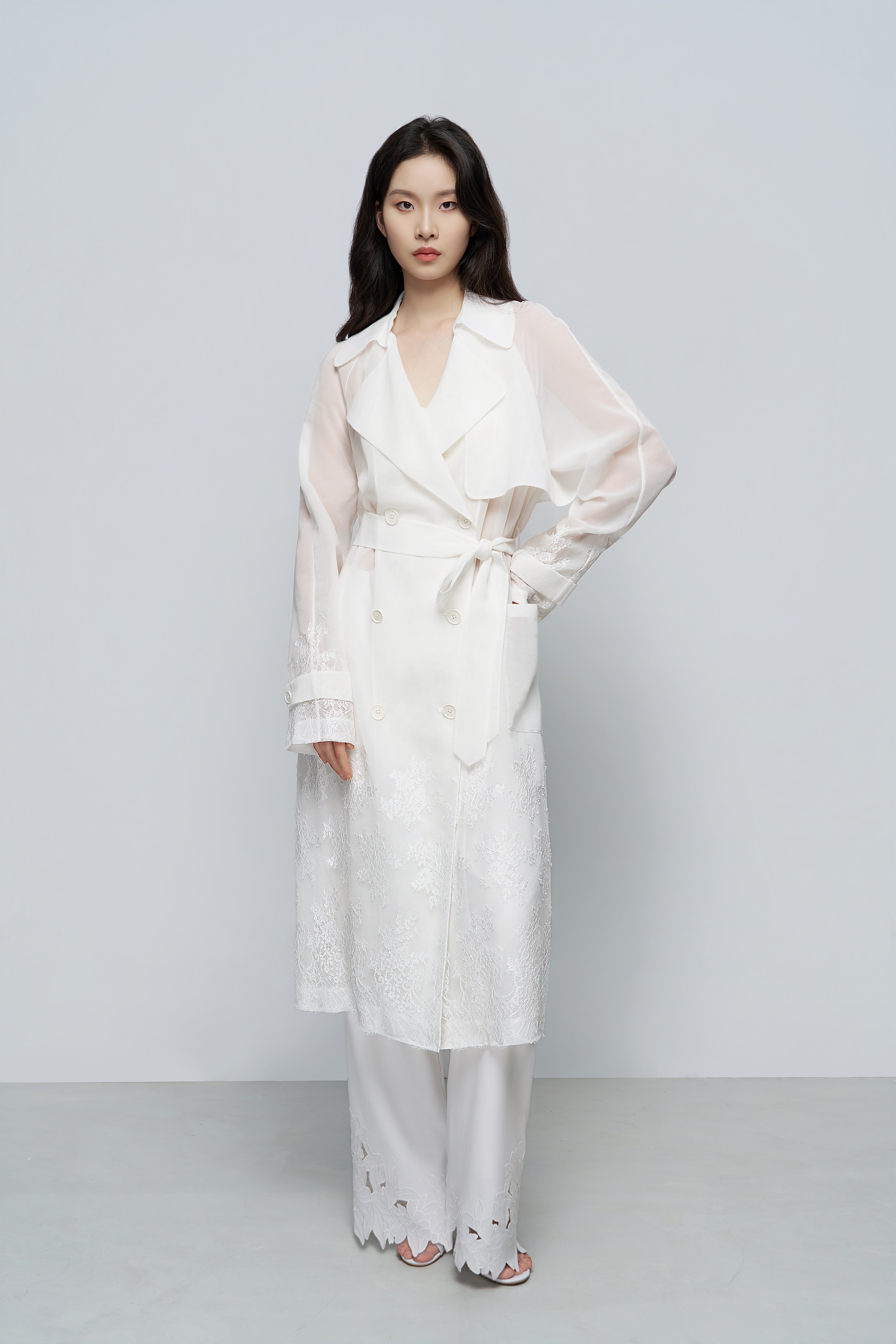 Sheer Lace-Embroidered Trench Coat