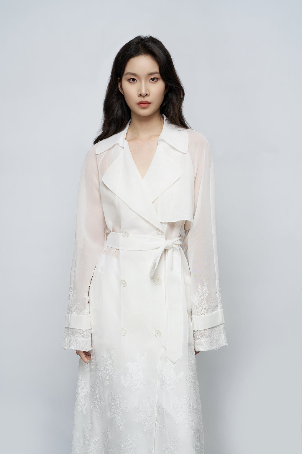 Sheer Lace-Embroidered Trench Coat