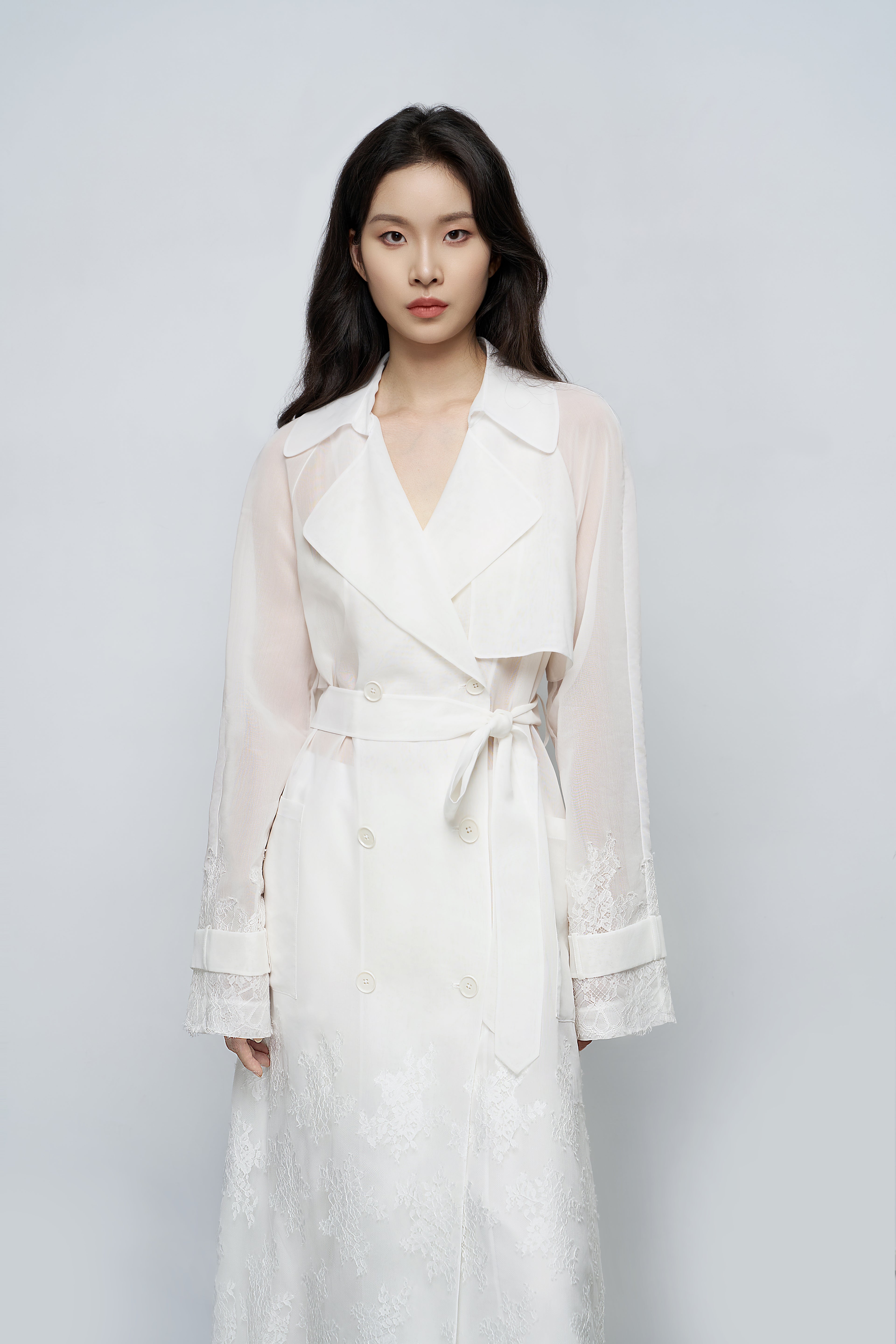 Sheer Lace-Embroidered Trench Coat