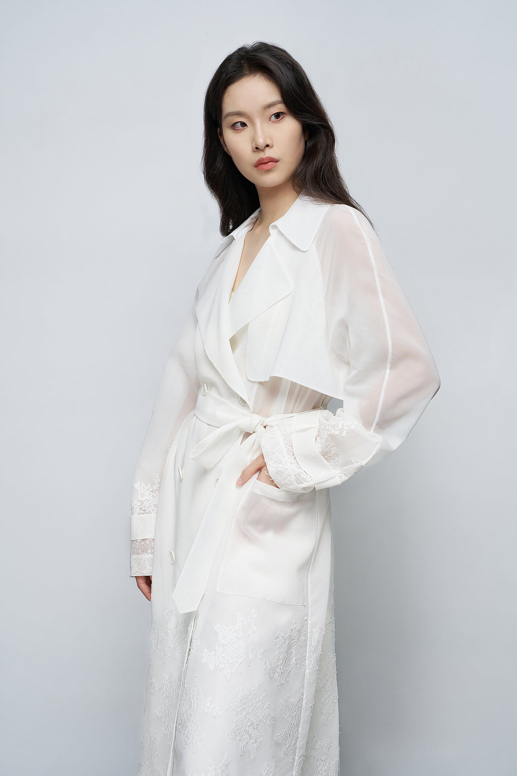 Sheer Lace-Embroidered Trench Coat