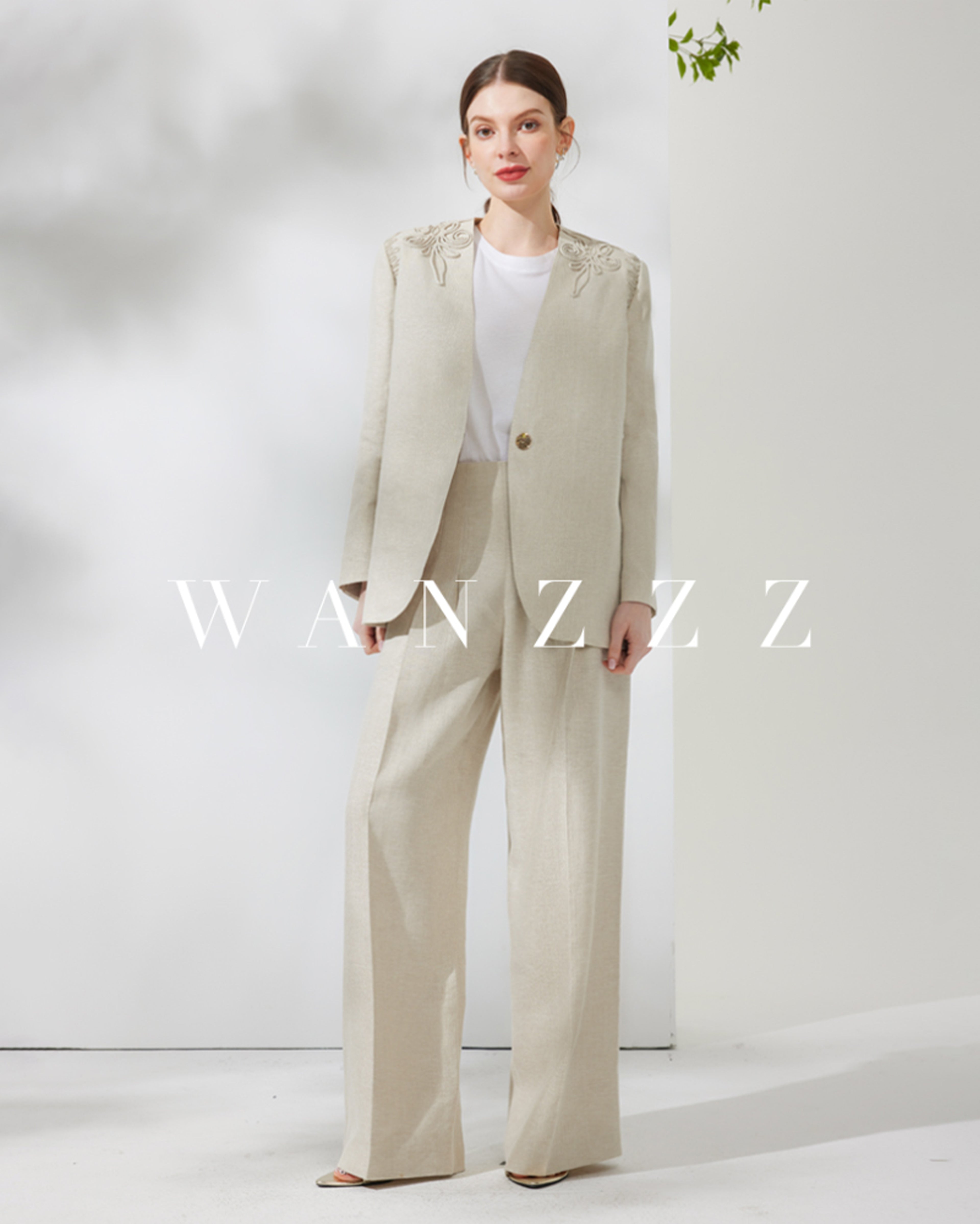 亚麻西装阔腿裤