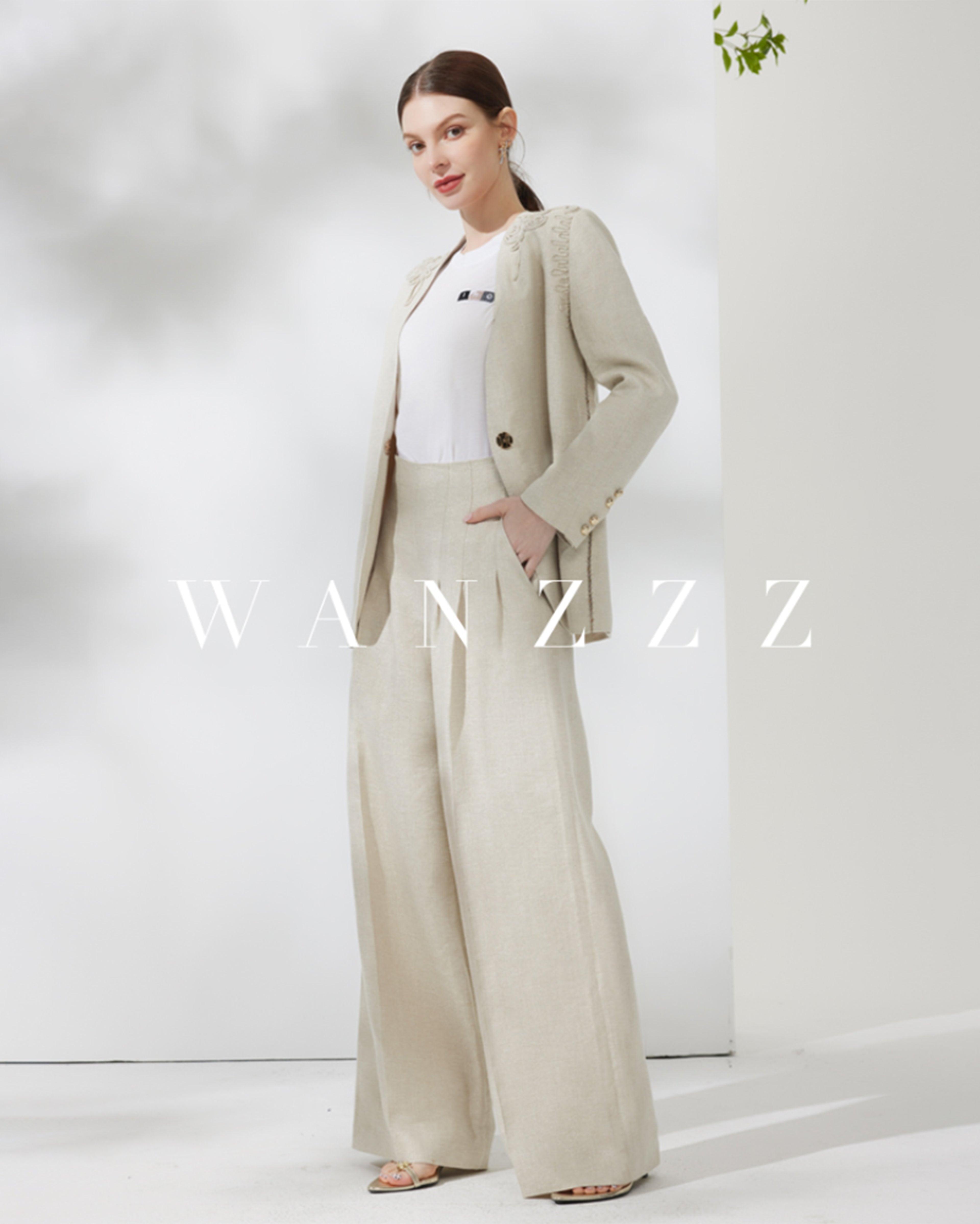 亚麻西装阔腿裤