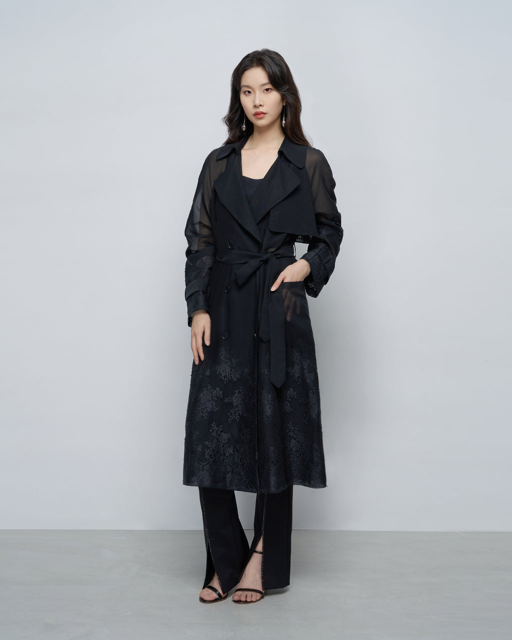 Sheer Lace-Embroidered Trench Coat
