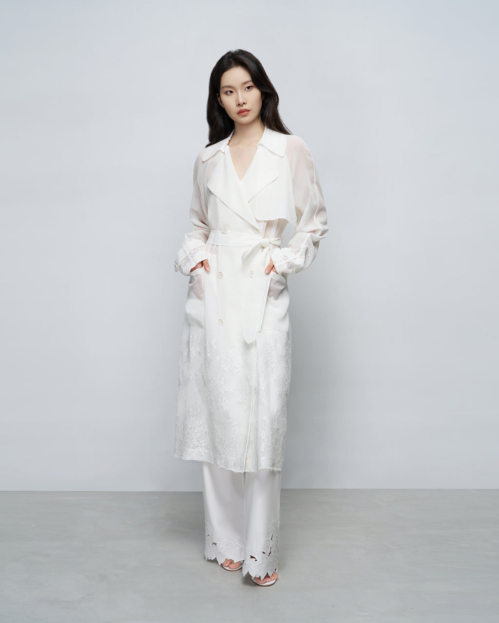 Sheer Lace-Embroidered Trench Coat